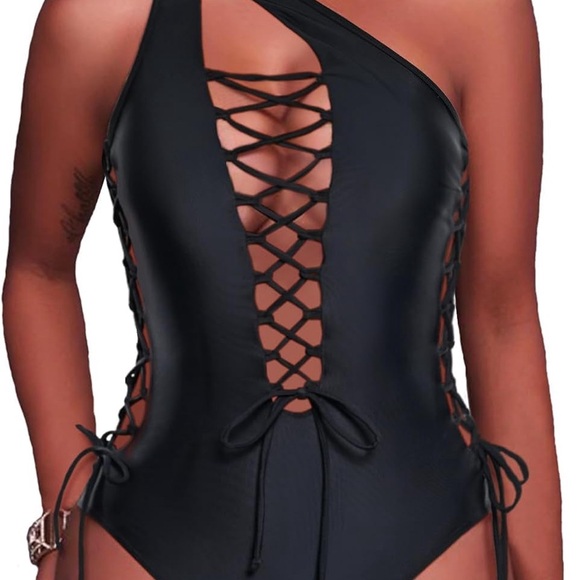 Holipick Women Sexy One Piece Swimsuit One Shoulder Bathing Suit Lace Up - Picture 2 of 7